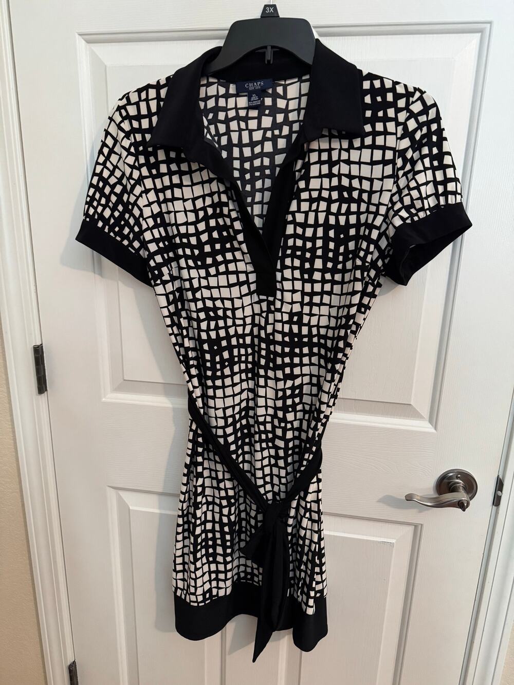 Chaps Geometric Grid Black White Slinky Stretchy Belted Dress XL
